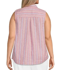 Intro Plus Size Woven Stripe Point Collar Sleeveless Button-Front Tie Hem Shirt