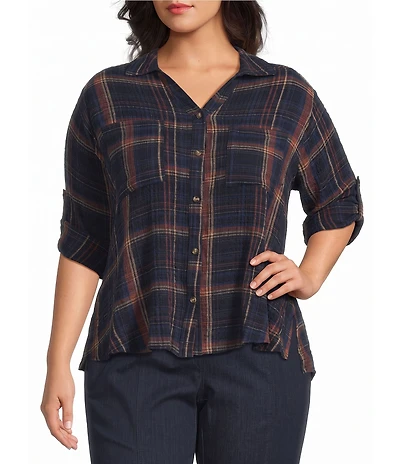 Intro Plus Woven Point Navy Beat Plaid Print Collar Long Roll-Tab Sleeve Button-Front Denim Shirt
