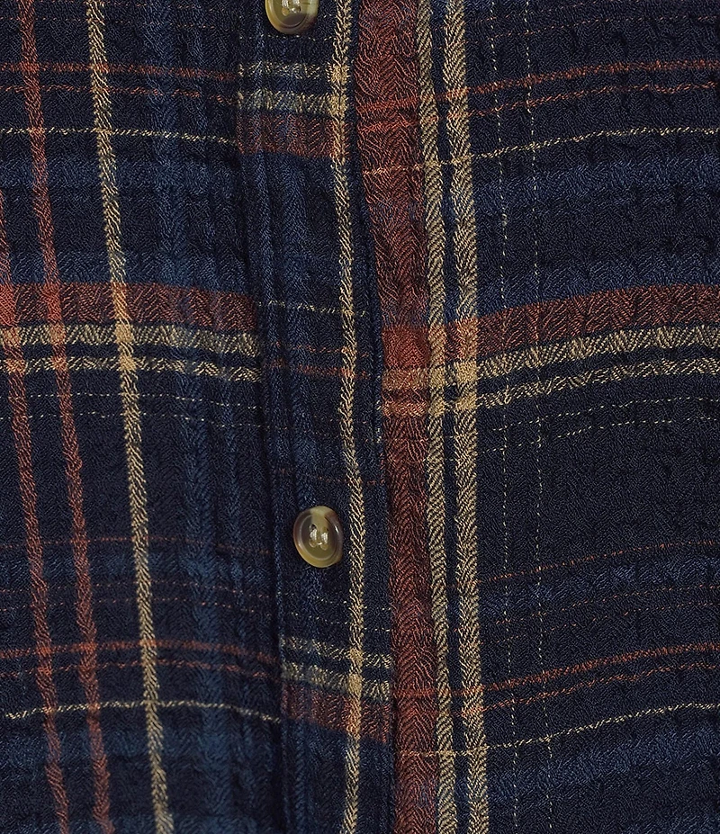 Intro Plus Woven Point Navy Beat Plaid Print Collar Long Roll-Tab Sleeve Button-Front Denim Shirt
