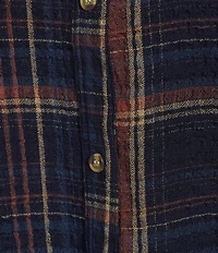 Intro Plus Woven Point Navy Beat Plaid Print Collar Long Roll-Tab Sleeve Button-Front Denim Shirt
