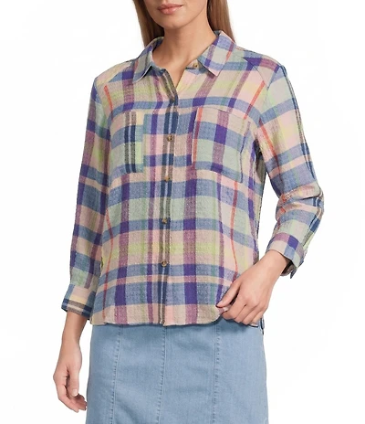 Intro Pucker Plaid Multi Color Point Collar 3/4 Roll-Tab Sleeve Button-Front Shirt
