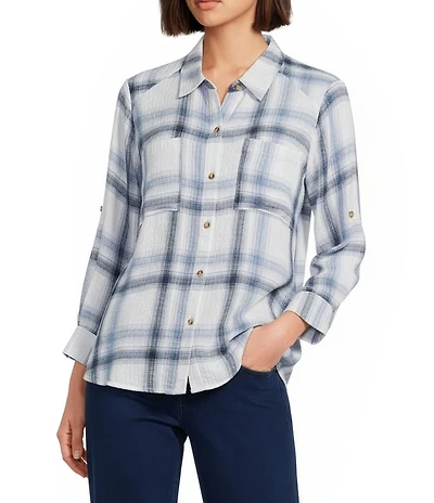 Intro Pucker Plaid Point Collar 3/4 Roll-Tab Sleeve Button-Front Shirt