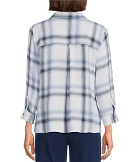 Intro Pucker Plaid Point Collar 3/4 Roll-Tab Sleeve Button-Front Shirt