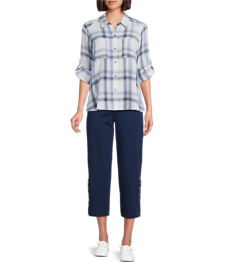 Intro Pucker Plaid Point Collar 3/4 Roll-Tab Sleeve Button-Front Shirt