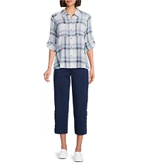 Intro Pucker Plaid Point Collar 3/4 Roll-Tab Sleeve Button-Front Shirt