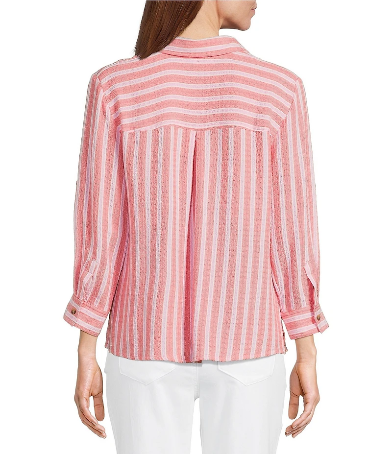 Intro Pucker Plaid Stripe Point Collar 3/4 Roll-Tab Sleeve Button-Front Shirt