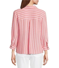 Intro Pucker Plaid Stripe Point Collar 3/4 Roll-Tab Sleeve Button-Front Shirt