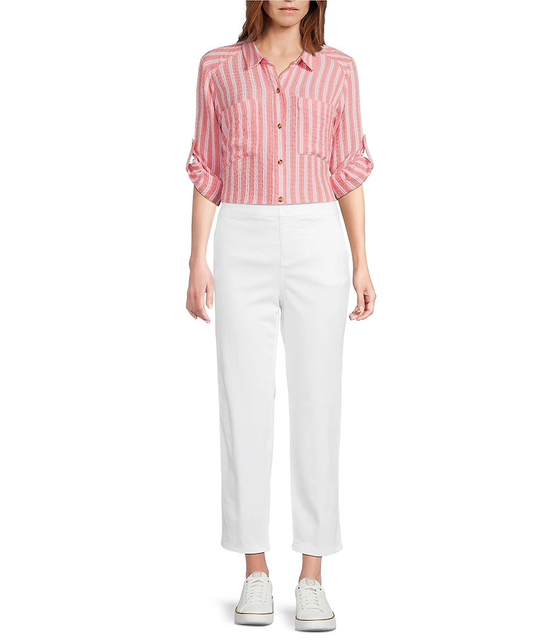 Intro Pucker Plaid Stripe Point Collar 3/4 Roll-Tab Sleeve Button-Front Shirt