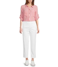 Intro Pucker Plaid Stripe Point Collar 3/4 Roll-Tab Sleeve Button-Front Shirt