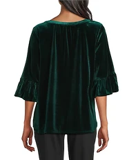 Intro Silky Velvet Split V-Neck 3/4 Flounce Ruffle Sleeve Blouse