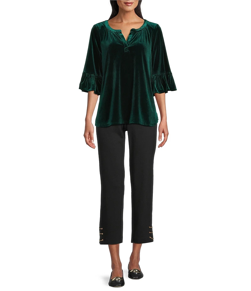 Intro Silky Velvet Split V-Neck 3/4 Flounce Ruffle Sleeve Blouse