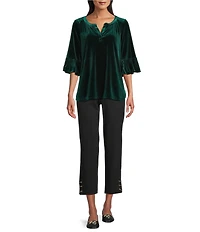 Intro Silky Velvet Split V-Neck 3/4 Flounce Ruffle Sleeve Blouse