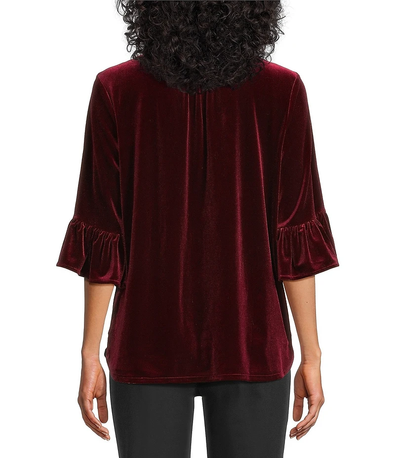 Intro Silky Velvet Split V-Neck 3/4 Flounce Ruffle Sleeve Blouse