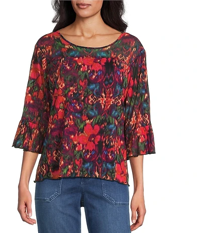 Intro Soft Mesh Floral Print 3/4 Romantic Sleeve Top