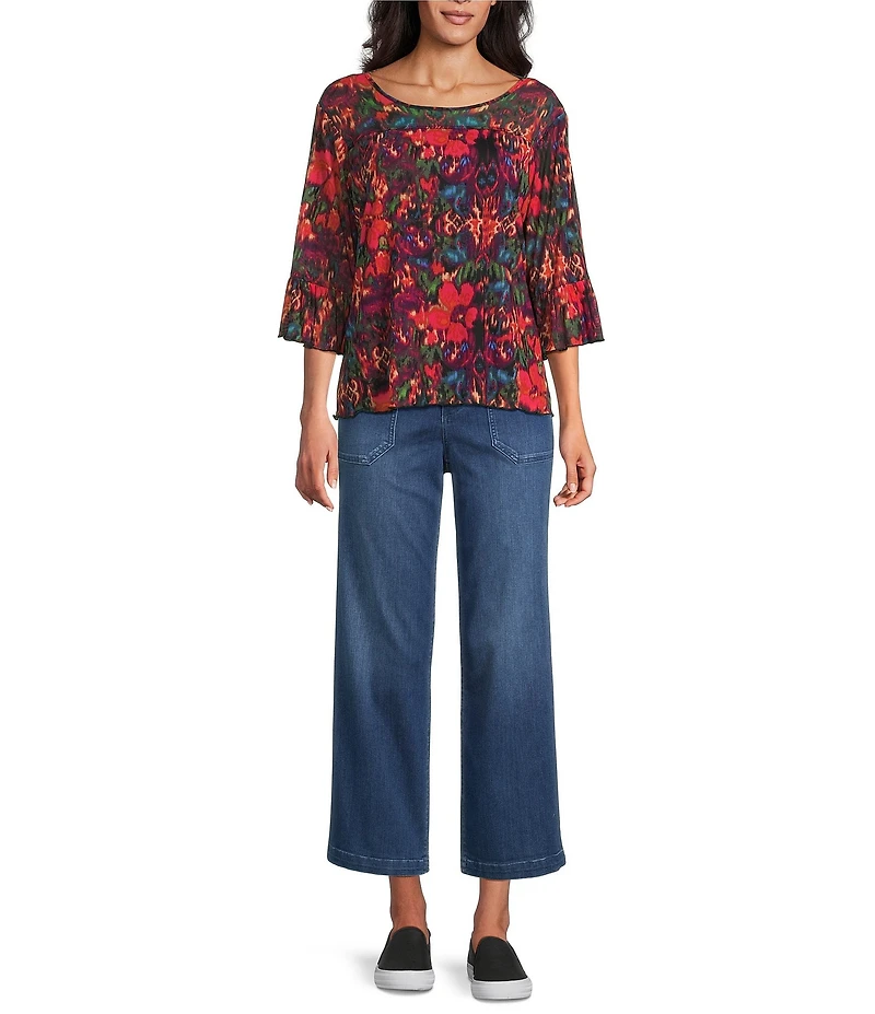 Intro Soft Mesh Floral Print 3/4 Romantic Sleeve Top