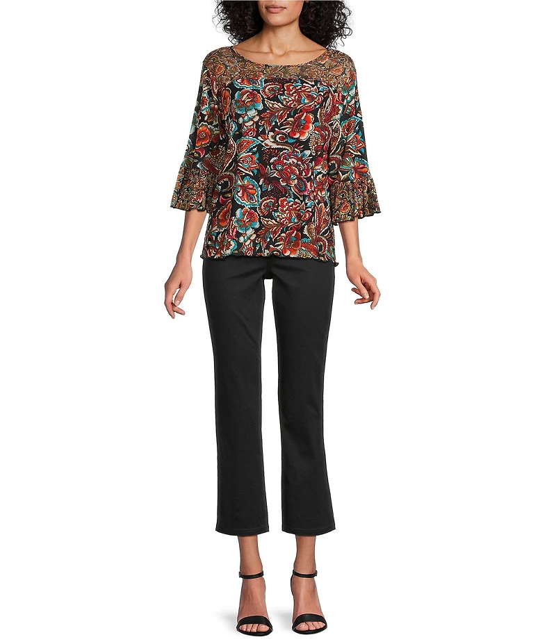 Intro Petite Size Soft Mesh Graphic Jacobean Print 3/4 Romantic Sleeve Top
