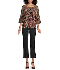 Intro Petite Size Soft Mesh Graphic Jacobean Print 3/4 Romantic Sleeve Top