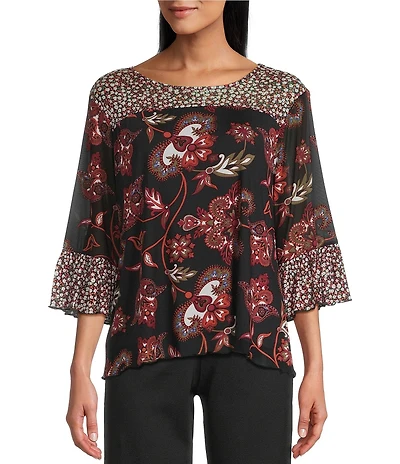 Intro Soft Mesh Jacobean Floral Mix Printed 3/4 Romantic Sleeve Top