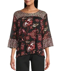 Intro Soft Mesh Jacobean Floral Mix Printed 3/4 Romantic Sleeve Top