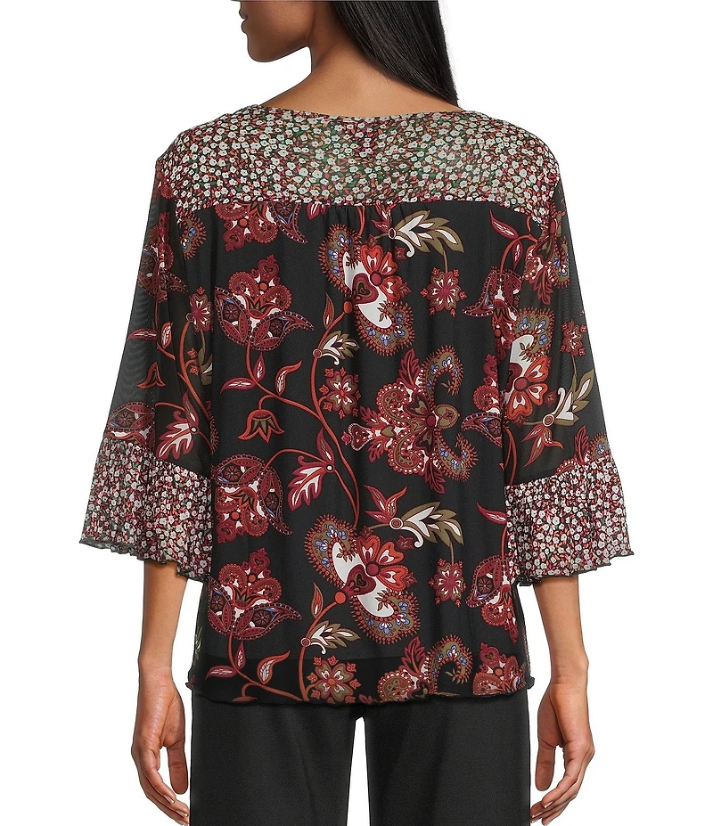 Intro Soft Mesh Jacobean Floral Mix Printed 3/4 Romantic Sleeve Top