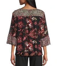Intro Soft Mesh Jacobean Floral Mix Printed 3/4 Romantic Sleeve Top