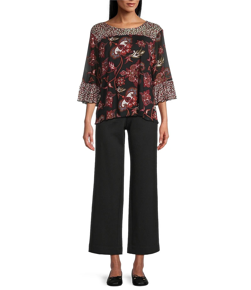 Intro Soft Mesh Jacobean Floral Mix Printed 3/4 Romantic Sleeve Top