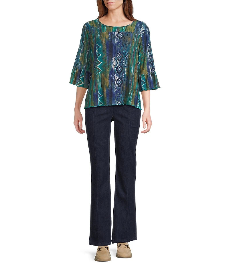 Intro Soft Mesh Painted Ikat Print 3/4 Romantic Sleeve Top