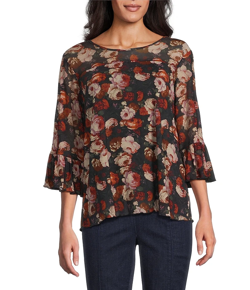 Intro Soft Mesh Rose Print 3/4 Romantic Sleeve Top