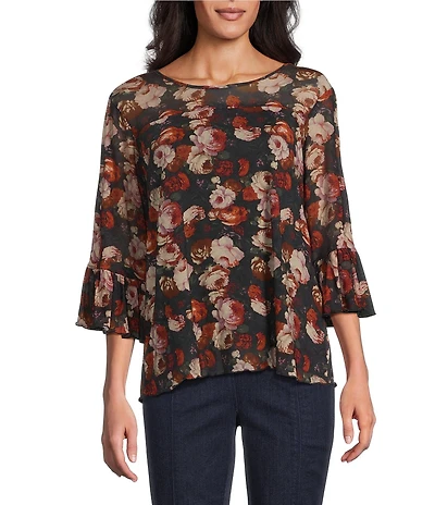 Intro Soft Mesh Rose Print 3/4 Romantic Sleeve Top