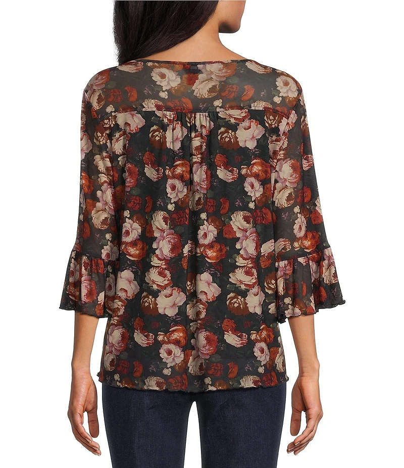 Intro Soft Mesh Rose Print 3/4 Romantic Sleeve Top