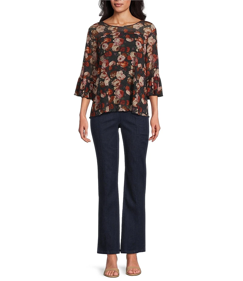 Intro Soft Mesh Rose Print 3/4 Romantic Sleeve Top