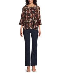 Intro Soft Mesh Rose Print 3/4 Romantic Sleeve Top