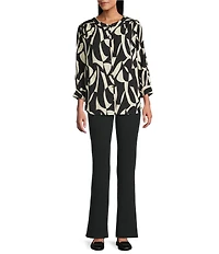 Intro Soft Puckered Large Geo Print Round Band Collar Neck 3/4 Sleeve Button-Front Shirt