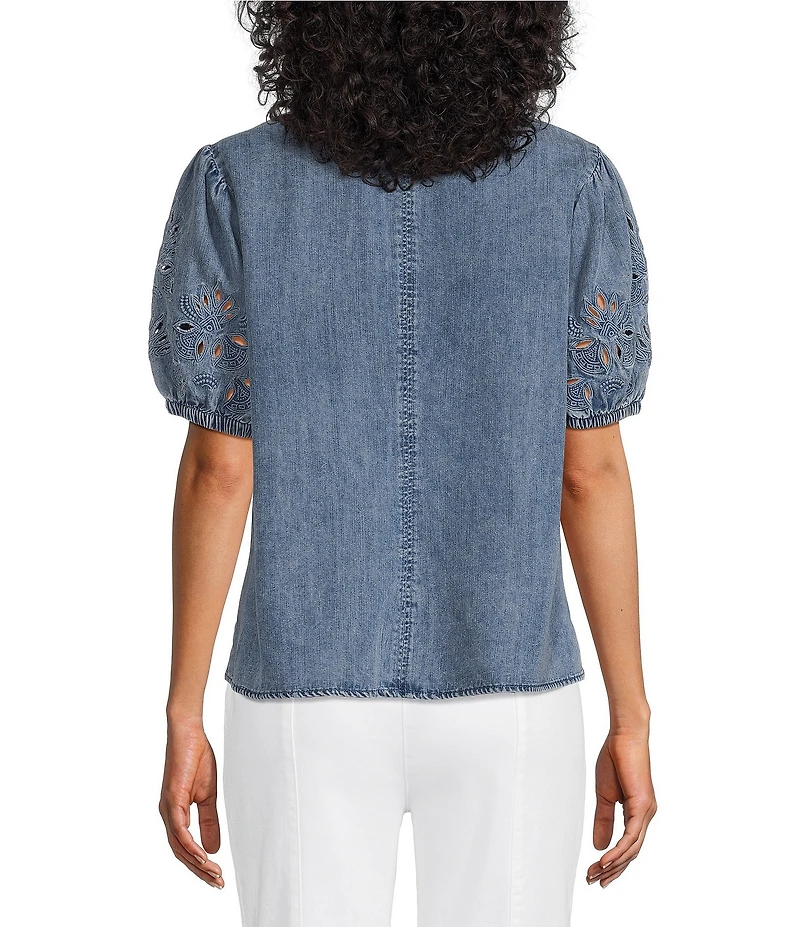 Intro Split V-Neck Embroidered Elbow Puff Sleeve Denim Blouse