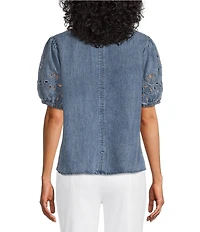 Intro Split V-Neck Embroidered Elbow Puff Sleeve Denim Blouse