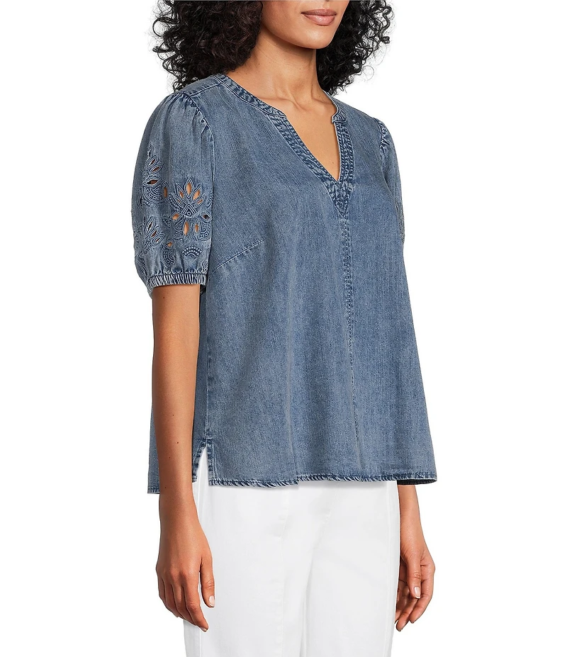 Intro Split V-Neck Embroidered Elbow Puff Sleeve Denim Blouse