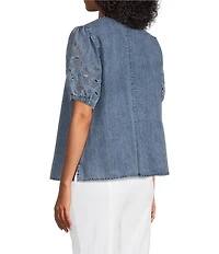 Intro Split V-Neck Embroidered Elbow Puff Sleeve Denim Blouse
