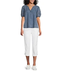 Intro Split V-Neck Embroidered Elbow Puff Sleeve Denim Blouse