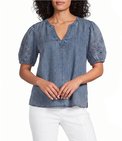 Intro Split V-Neck Embroidered Elbow Puff Sleeve Denim Blouse