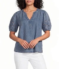 Intro Split V-Neck Embroidered Elbow Puff Sleeve Denim Blouse