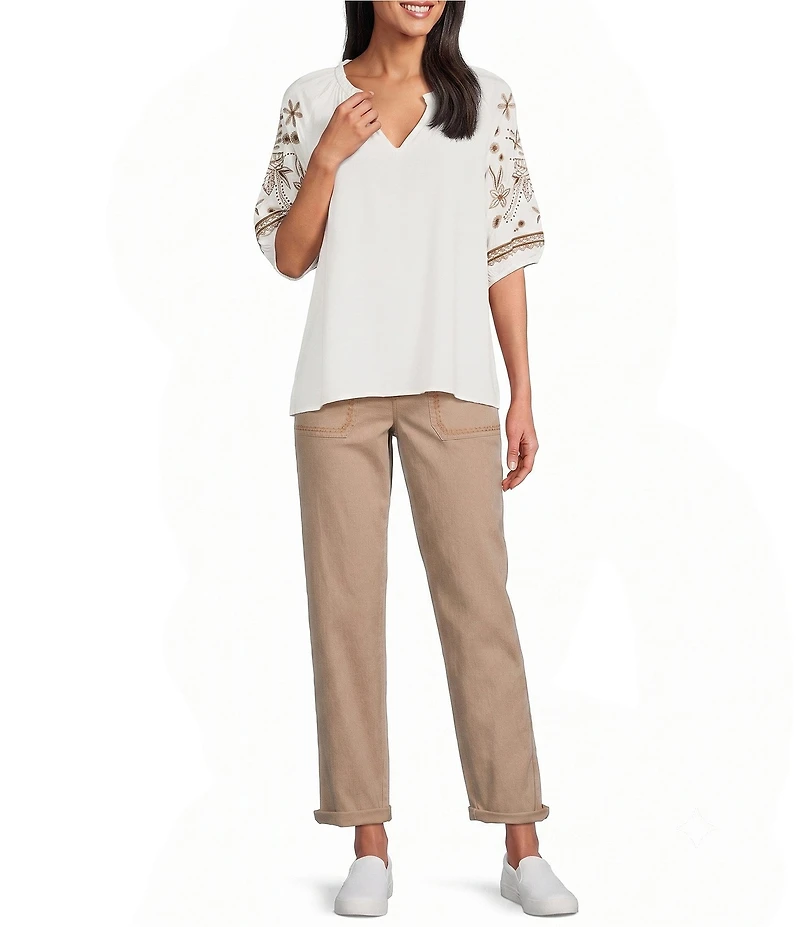Intro Stretch Twill Embroidered Slim Roll Cuff Ankle Pants