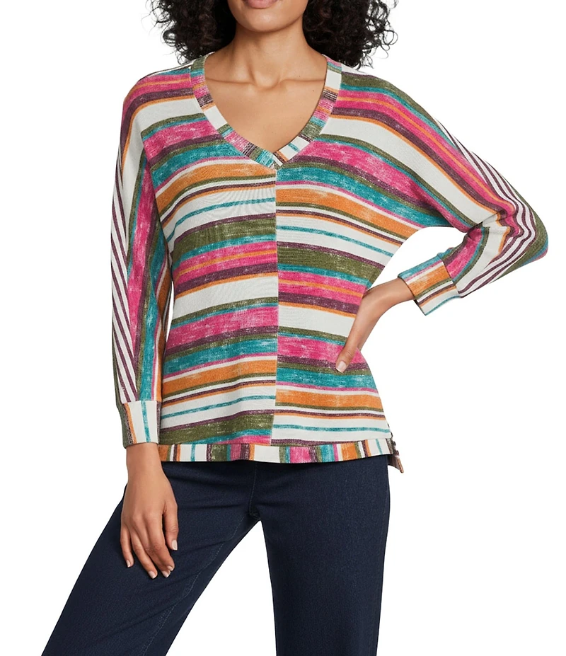 Intro Stripe V-Neck 3/4 Sleeve Washed Knit Sweater