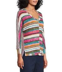 Intro Stripe V-Neck 3/4 Sleeve Washed Knit Sweater