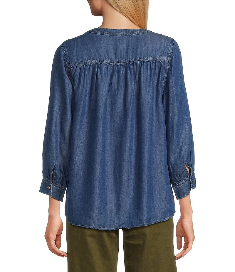 Intro Tencel Slub Medium Wash Gold Stitching Split Round V-Neck 3/4 Sleeve Draped Easy Shirring Shirt