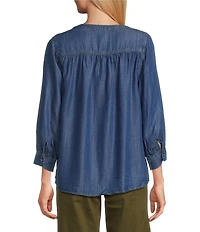 Intro Tencel Slub Medium Wash Gold Stitching Split Round V-Neck 3/4 Sleeve Draped Easy Shirring Shirt