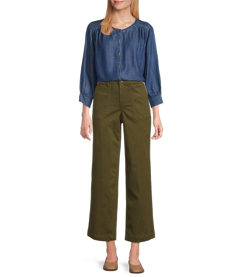 Intro Tencel Slub Medium Wash Gold Stitching Split Round V-Neck 3/4 Sleeve Draped Easy Shirring Shirt