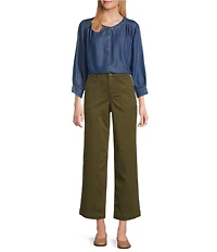 Intro Tencel Slub Medium Wash Gold Stitching Split Round V-Neck 3/4 Sleeve Draped Easy Shirring Shirt
