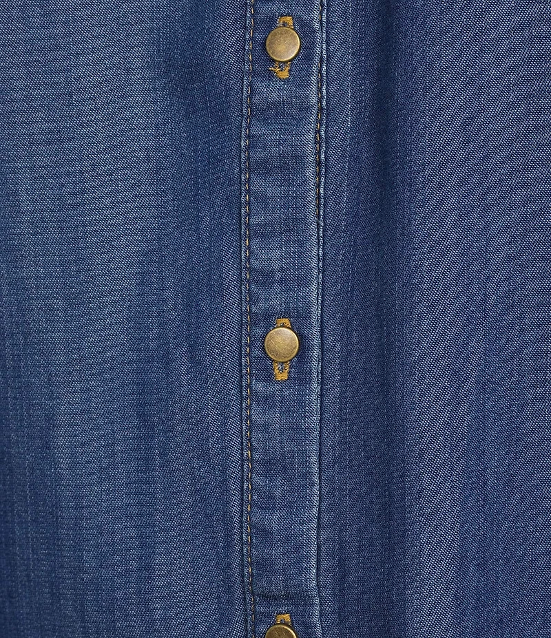 Intro Tencel Slub Medium Wash Gold Stitching Split Round V-Neck 3/4 Sleeve Draped Easy Shirring Shirt