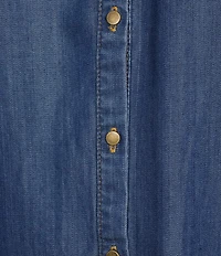 Intro Tencel Slub Medium Wash Gold Stitching Split Round V-Neck 3/4 Sleeve Draped Easy Shirring Shirt