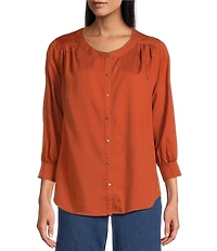 Intro Tencel Slub Split Round V-Neck 3/4 Sleeve Draped Easy Shirring Shirt